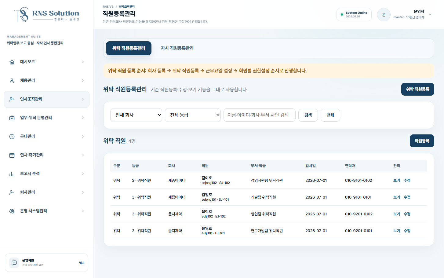 위플 직원 목록 화면